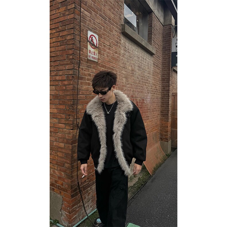 现货重磅硬挺boxy羽绒棉衣座山雕大毛毛领洗水麂皮棉服冬外套，男装棉衣，电商A486-1