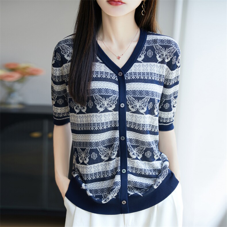 2025年秋季通勤蝴蝶提花V领假开衫，女装T恤，大美人包芯纱店