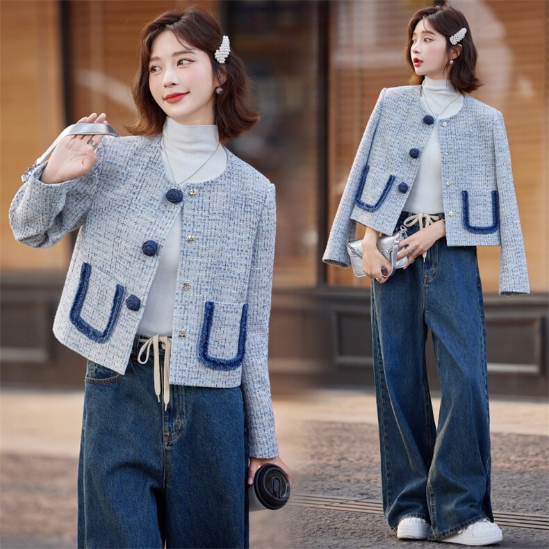 蓝色名媛小香风圆领外套女2024秋季新款粗花呢洋气超好看短款上衣，女装短外套，韩宇舍