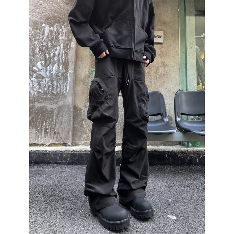 港风秋款男工装裤褶皱大口袋微喇叭机车休闲长裤H9670P55,男装休闲裤,星座1013-1