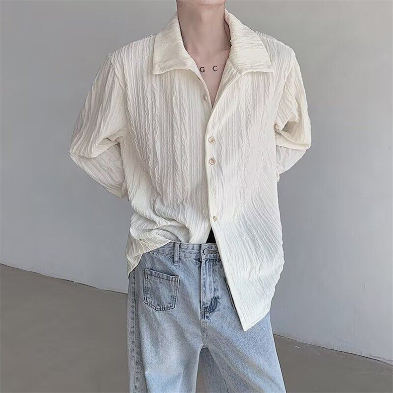 春夏高领法式复古新中式肌理感立领男宽松小众衬衫打底衫褶皱长袖,男装衬衫,星座506A