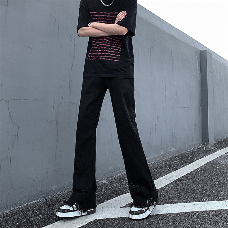现货黄泥美式vibe裤高街黑色破洞微喇直筒毛边牛仔裤男K890-P55,男装牛仔裤,星座205