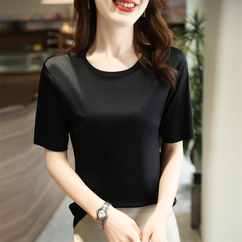 凉感丝滑三醋酸圆领短袖女t恤夏高级感宽松抗皱基础V领白体恤上衣,女装T恤,昭美羊绒