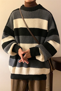 ！23新款宽松大码半高领条纹毛衣加厚针织衫M83-P55控78图片