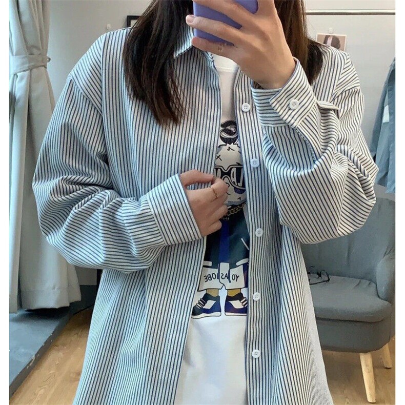 蓝色条纹衬衫男长袖高级感美式复古纯棉衬衣cleanfit夏季情侣外套,男装衬衫,星座1302