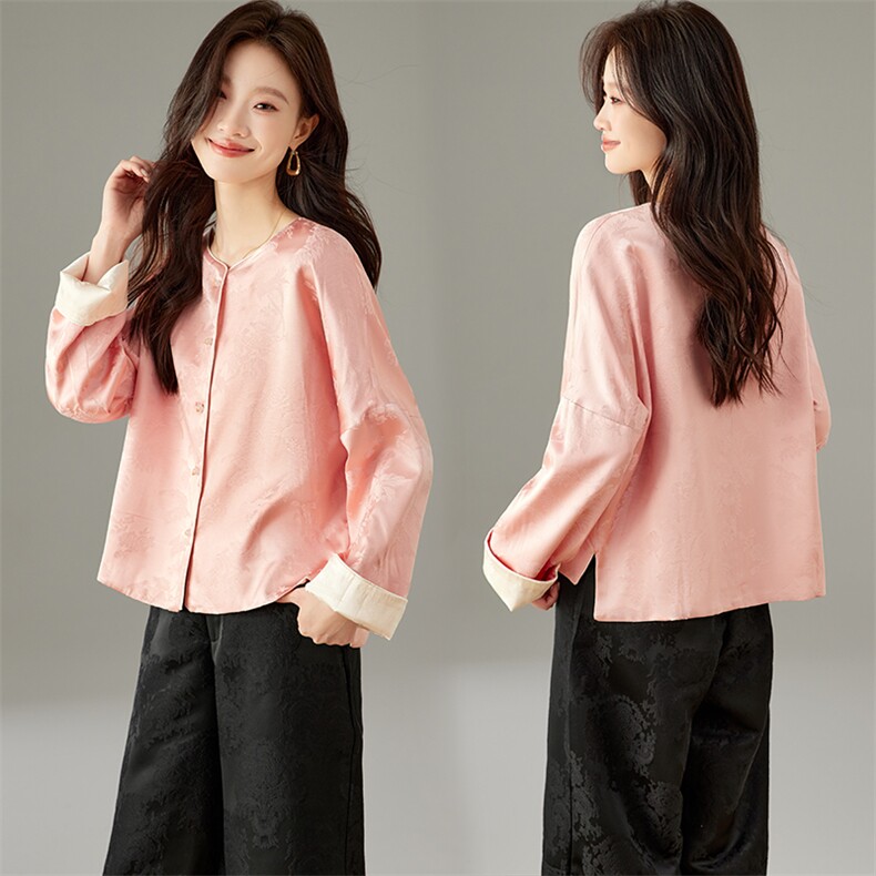 在仓~重磅人丝提花双面穿圆领落肩袖玉石扣宽松时尚外套，女装短外套，新依时派