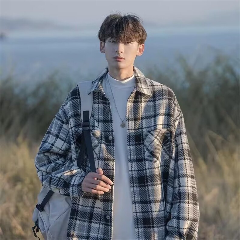 外套男毛呢格子日系秋冬cityboy复古宽松加厚衬衫夹克潮工装衬衣,男装衬衫,星座218-1（原230）