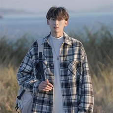 外套男毛呢格子日系秋冬cityboy复古宽松加厚衬衫夹克潮工装衬衣，男装衬衫，星座218-1（原230）