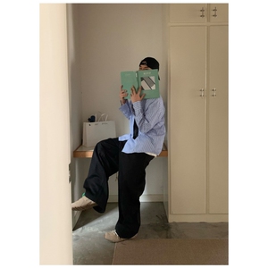 式休闲刺绣长袖条纹衬衫ins男宽松复古痞帅设计感领带衬衣潮牌图片