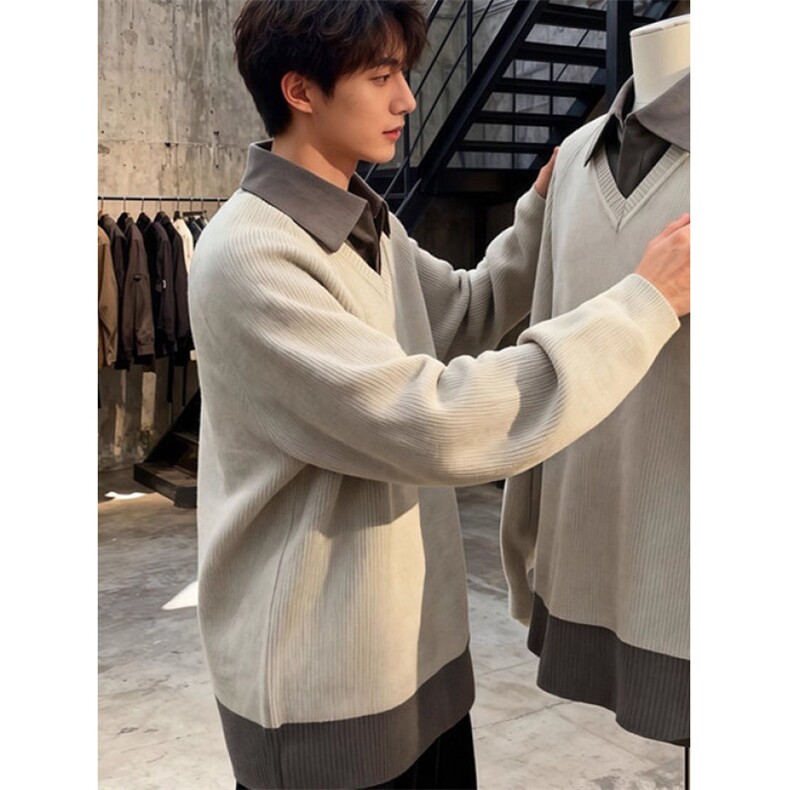 [005]假两件拼接男毛衣打底针织衫翻领内搭polo衫A079-M216-P56,男装T恤,电商A079