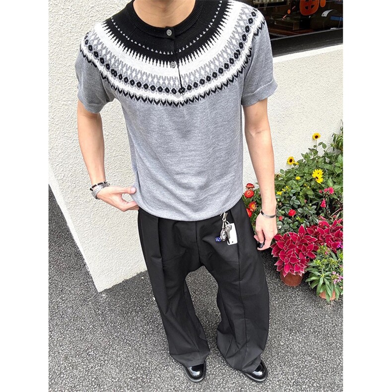 网图有货夏季费尔岛亨利领针织衫短袖T恤男女老钱风上衣A637-P45，男装针织衫/毛衣，星座1505