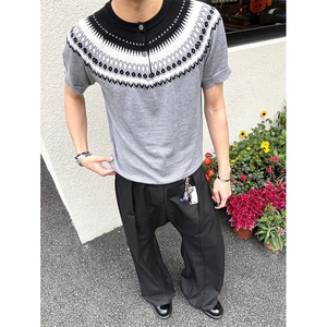 网图有货 夏季费尔岛亨利领针织衫短袖T恤男女老钱风上衣A637-P45,男装针织衫/毛衣,星座1505