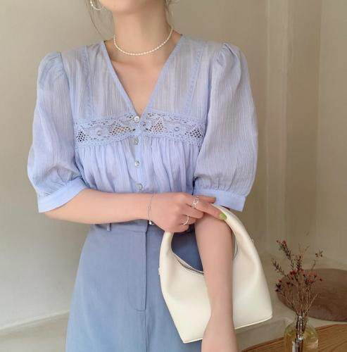 棉布刺绣v领A版上衣，女装，新袖