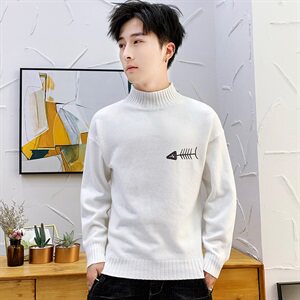 秋冬中领毛衣男小鱼骨头长袖外套男毛衫打底针织衫高领黑M229P35
