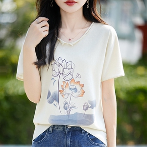 夏季新款女装纯棉短袖印花t恤女宽松文艺无色无味大码套头针织衫图片