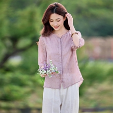 2026年春季文艺风女短袖宽松亲肤透气薄常规苎麻，女装衬衫，江南依恋