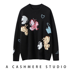 410克~蝴蝶嵌花轻奢山羊绒衫加厚女圆领宽松白毛衣2025秋冬针织衫，女装针织衫/毛衣，艾森羊绒