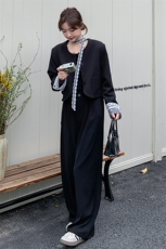 黑色蕾丝拼接西装套装女秋2025新款大方得体西服阔腿裤穿搭两件套，女装套装/套裙，2D014