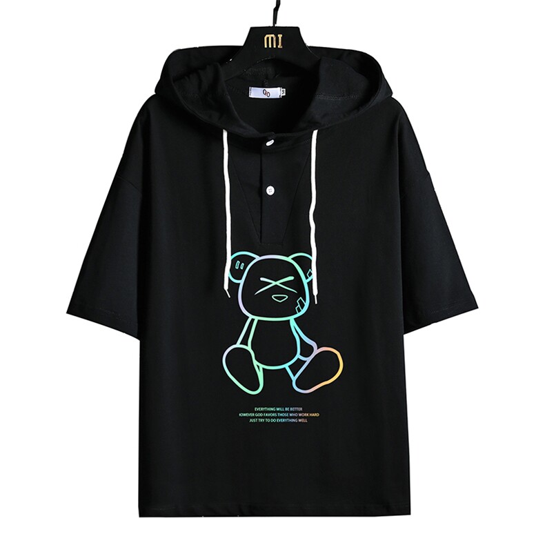 LD54139-P45连帽短袖t恤男大码胖子带帽五分袖中袖网格挂拍,男装T恤,电商A040A