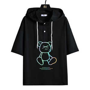 LD54139-P45 连帽短袖t恤男大码胖子带帽五分袖中袖 网格挂拍图片