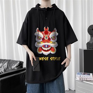LD54185-P45 连帽短袖t恤男大码胖子带帽五分袖中袖图片