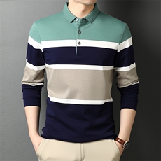 长袖T恤2024春季新款翻领条纹POLO衫上衣中年爸爸装休闲商务体恤，男装Polo衫，钱塘6003（原4033）