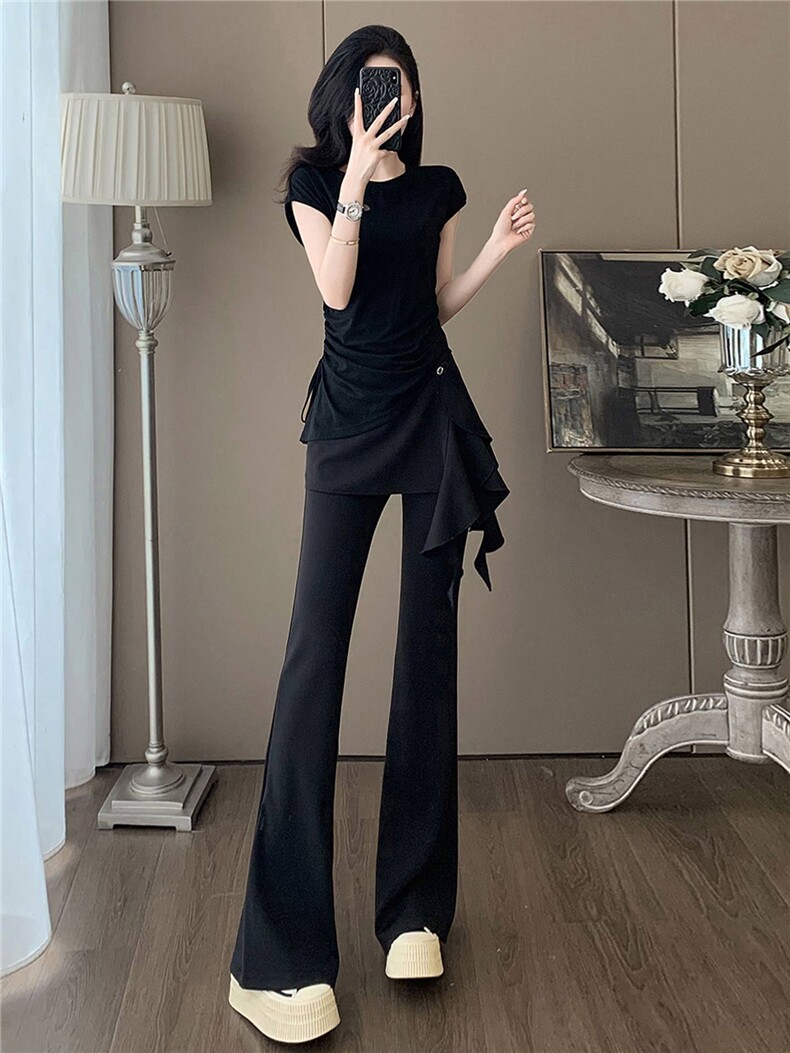 时尚气质减龄套装女夏新款圆领短袖假两件上衣修身显瘦长裤两件套,女装套装/套裙,江南