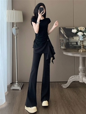 时尚气质减龄套装女夏新款圆领短袖假两件上衣修身显瘦长裤两件套，女装套装/套裙，江南