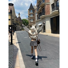 NOOC复古条纹y2k星星印花连帽开衫卫衣男女春秋宽松休闲百搭外套，女装短外套，星座506A