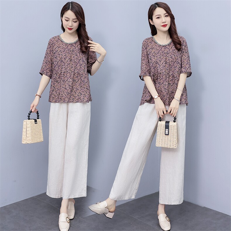 碎花高端苎麻套装女装大码夏装2024年新款休闲中年妈妈棉麻两件套，女装套装/套裙，凝聚力