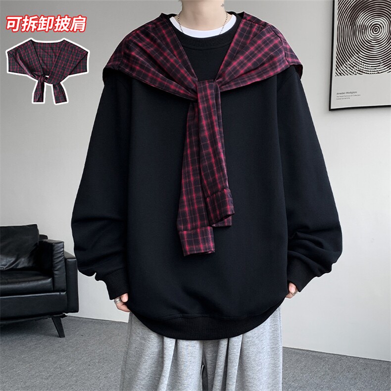 华棉420g重磅港风可拆卸披肩假两件拼接大码卫衣男W5423特P50控98,男装卫衣,电商A001-1