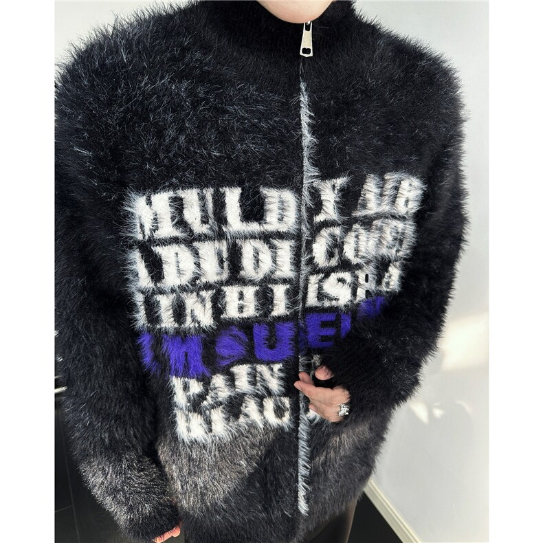 美式复古字母提花开衫毛衣针织衫男女慵懒风秋冬款情侣保暖潮外套，男装针织衫/毛衣，星座302B-3