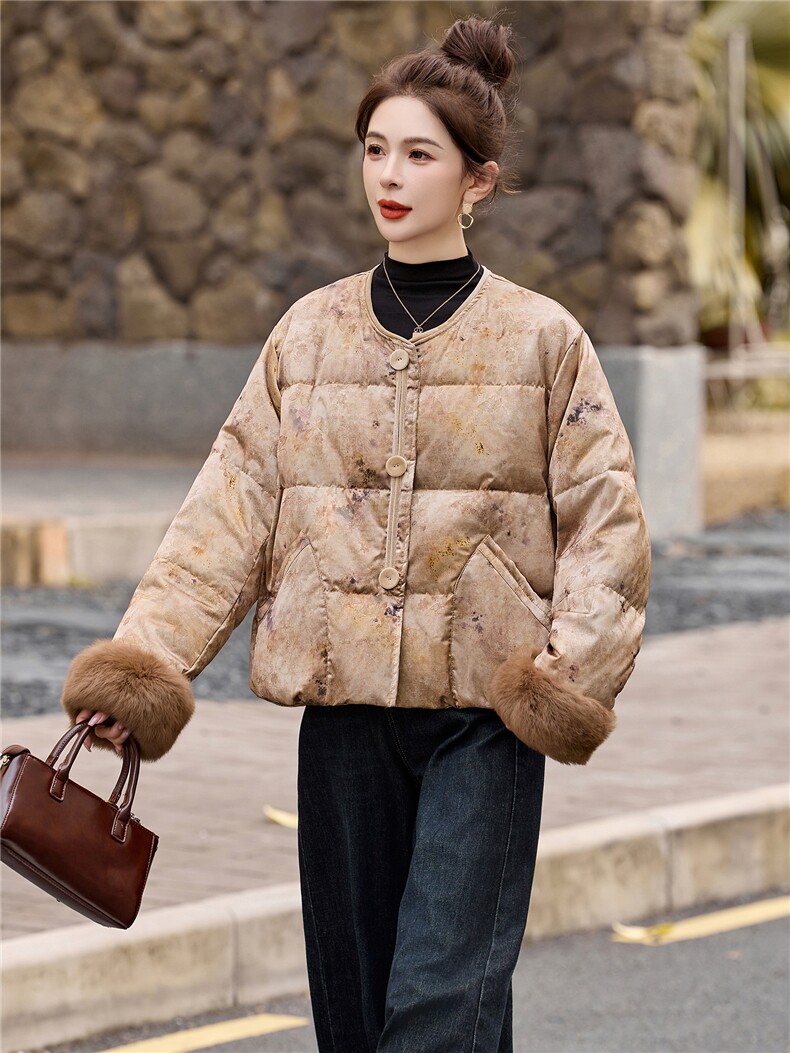 新中式90提花羽绒服2025年冬季新款高级感优雅气质白鸭外套,女装羽绒服,玖莱伊