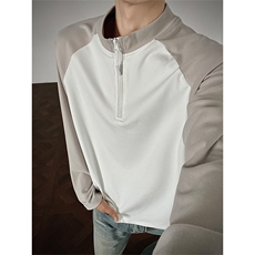 秋季百搭插肩袖德绒撞色拼接立领大码长袖T恤男T24514-特P25控48，男装T恤，电商A001-1