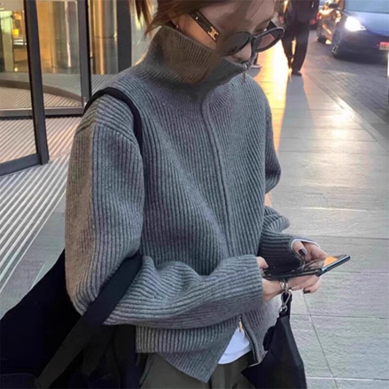 女士拉链宽高领羊毛开衫羊毛秋冬保暖,女装羊毛衫,旭驰羊绒