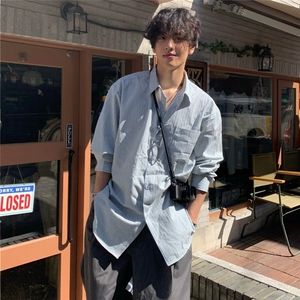 条纹休闲衬衫男春季宽松长袖衬衣韩版潮流翻领上衣710-806P50图片