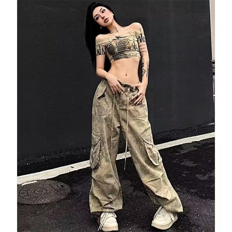 新款美式复古浅色系迷彩多口袋工装松紧长裤女宽松显瘦阔腿流行图片