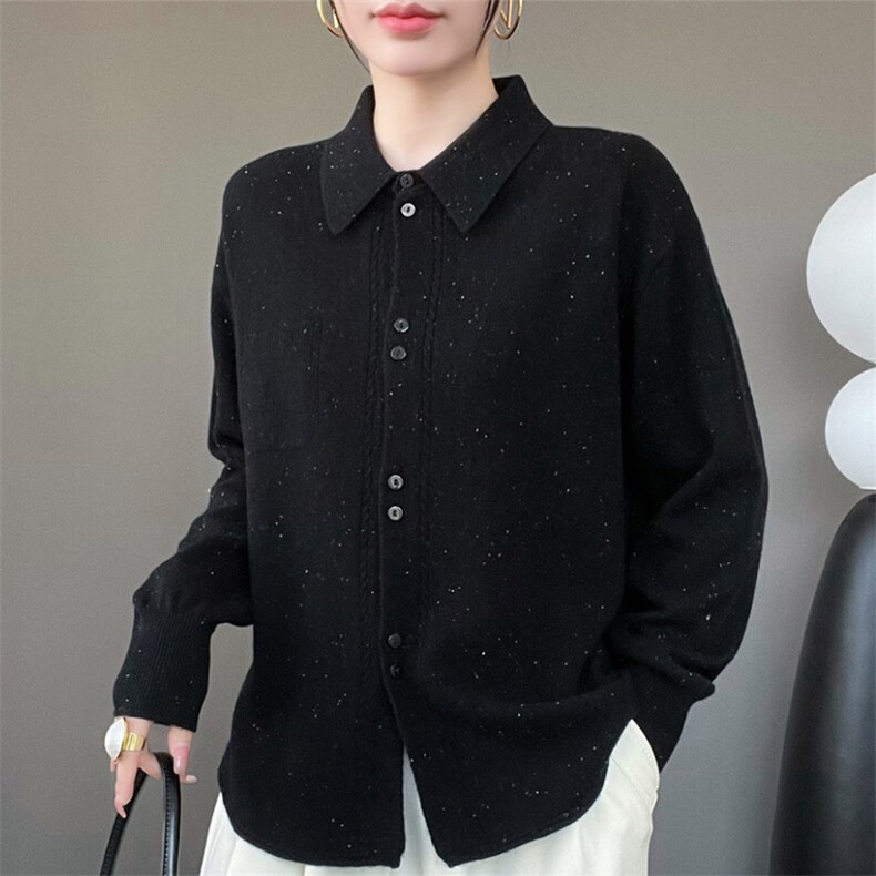 气质polo领排扣羊毛衬衣开衫女秋冬新款宽松大码翻领针织外套,女装羊毛衫,秋虹羊绒