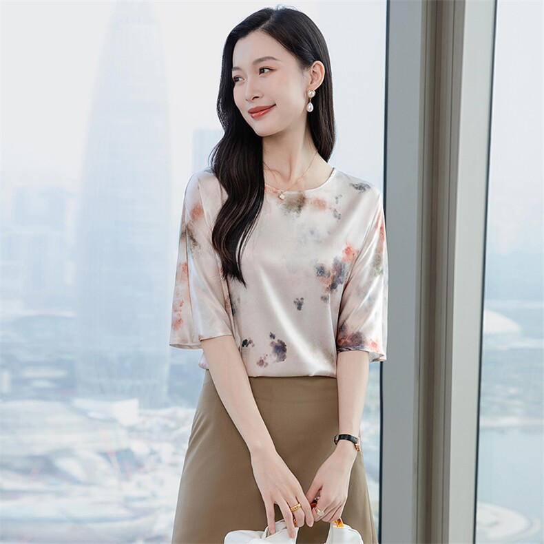 圆领印花真丝上衣女五分袖2026装短袖T恤半袖妈妈装真丝小衫,女装衬衫,阿舍尔精品