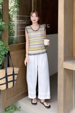 松紧腰木耳边拼接休闲阔腿裤女夏2025新款宽松显瘦棉麻直筒九分裤，女装套装/套裙，2C135