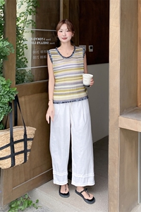 松紧腰木耳边拼接休闲阔腿裤女夏2025新款宽松显瘦棉麻直筒九分裤图片