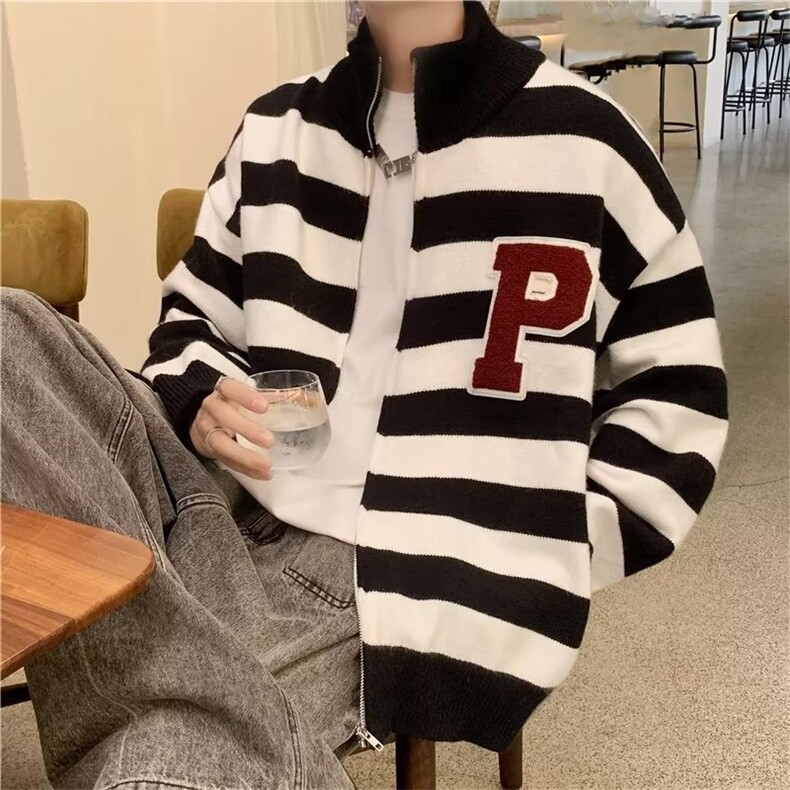 青少年潮美式复古条纹开衫拉链毛衣男女款秋冬宽松针织衫上衣,男装针织衫/毛衣,星座1210-1