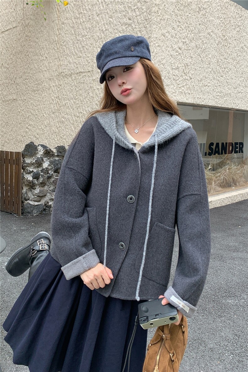 现货新款秋冬新款针织连帽拼接长袖羊绒外套女短款双面羊绒大衣潮,女装羊绒大衣,网红馆