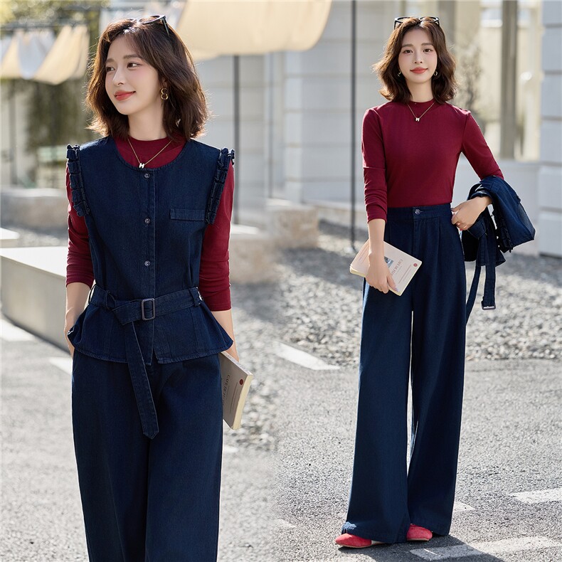 2025秋装新款时尚牛仔马甲三件套，女装套装/套裙，依路服饰