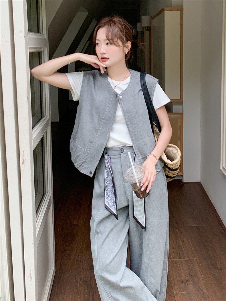 现货主推！2026春夏韩版马甲外套+丝带阔腿裤休闲套装P195-K290,女装套装/套裙,网红馆