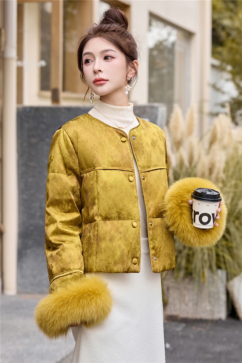 新中式风狐狸毛短款羽绒服女高端小个子保暖外套黄色,女装羽绒服,奕薇雅