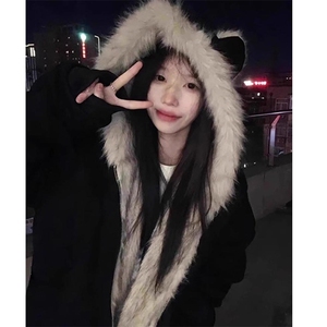 现货重磅硬挺boxy羽绒棉衣座山雕猫耳大毛毛领麂皮棉服冬外套图片