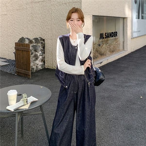 韩系穿搭休闲牛仔套装女春秋超火减龄气质显瘦马甲阔腿裤三件套图片