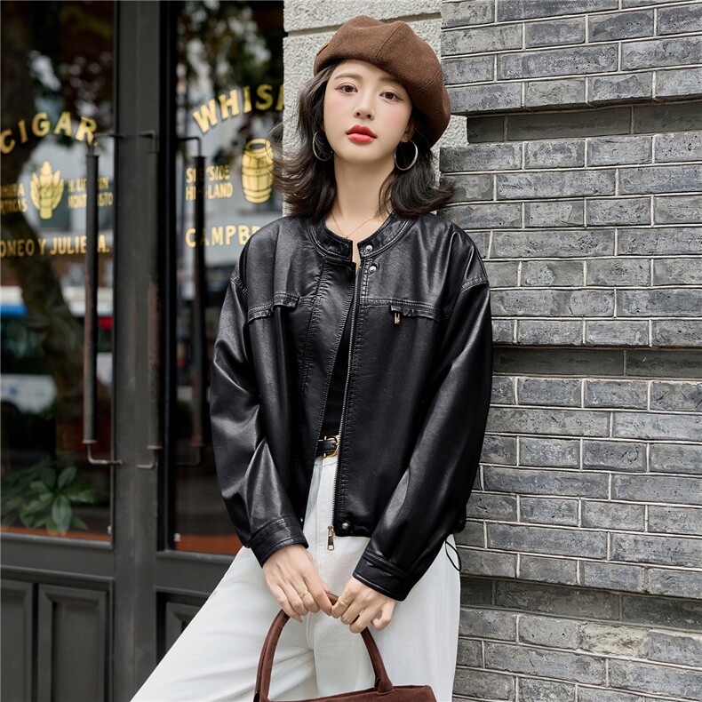 高级感咖色立领皮衣外套女2025秋季新款宽松休闲百搭短款夹克上衣,女装皮衣,梦依缘