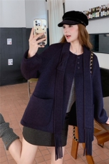 2025冬季新款飘带围脖双面羊毛呢大衣外套，女装双面呢大衣，乐吉娜